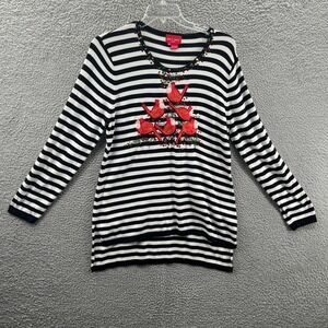Womens Holiday Sweater XL Black White Stripe Cardinal Applique Festive Knit Top